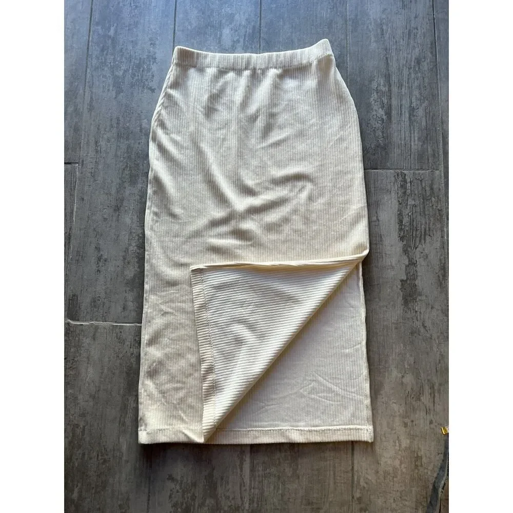 FREE PEOPLE Roxy Ribbed Pencil Midi Skirt Ivory Cream High Waist Designer M